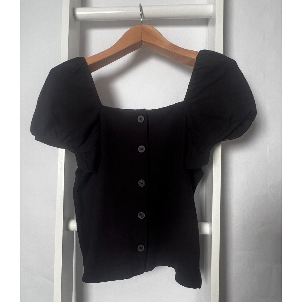 Madewell Cropped Knit Top NEW Womens S Black Button Front Blouson Sleeve NA409